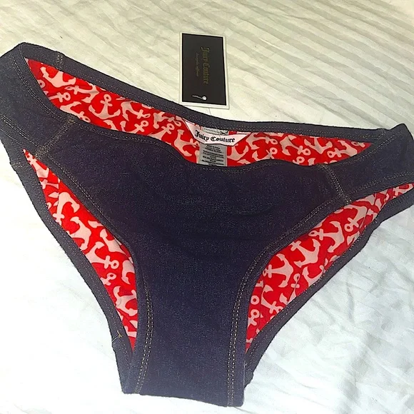 NWT Juicy Couture dark blue Denim look  Nautical print lined Bikini Bottoms Sz M - Picture 7 of 7